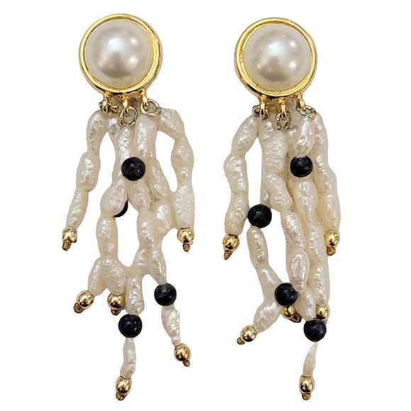 Gold Tone Rice Pearl Lapis Beads Dangle Clip-On Earrings, K873 - Picture 2 of 5